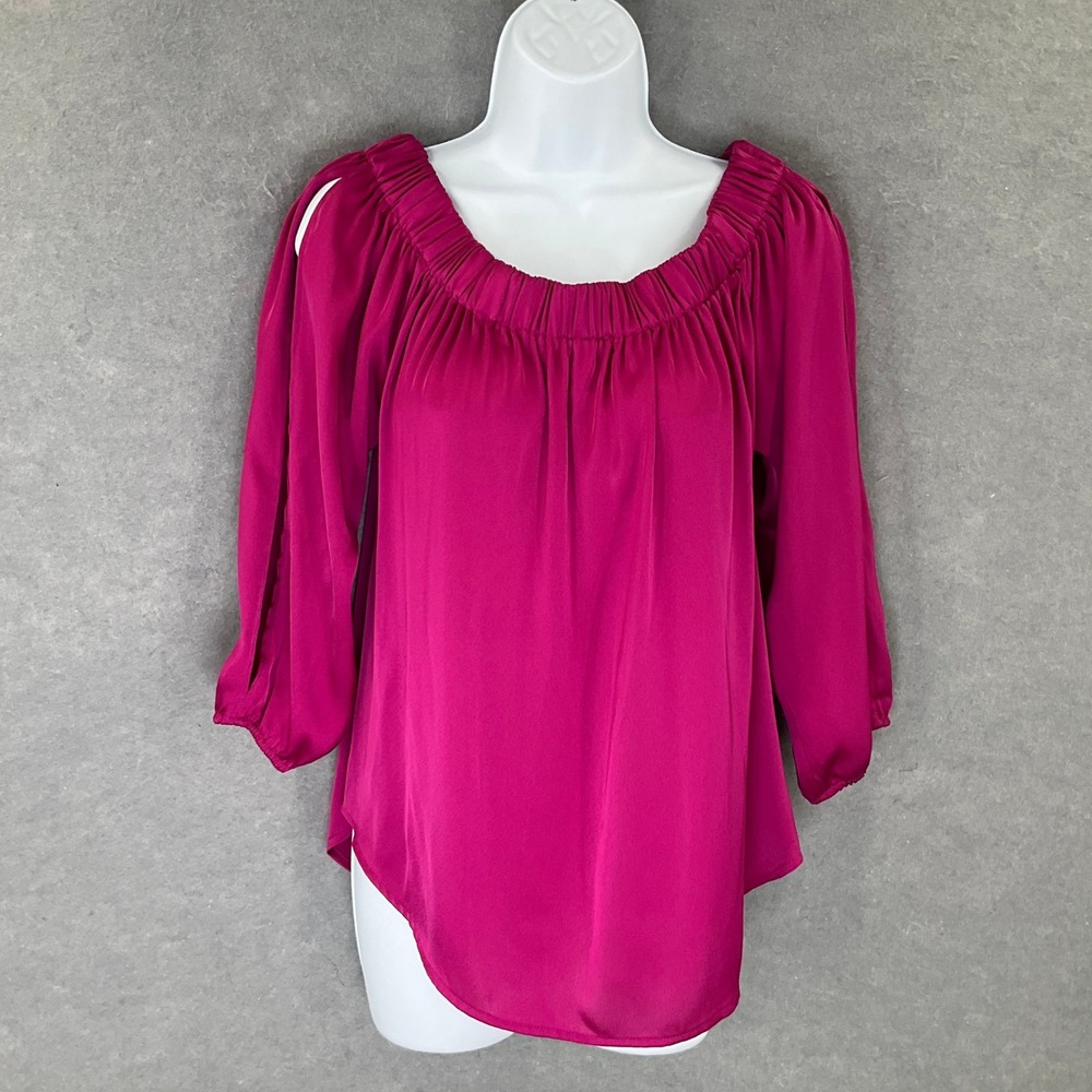 Express Top Womens‎ Sz M Satin Magenta Off Shoulder Ruched Neck 3/4 Sleeve Party